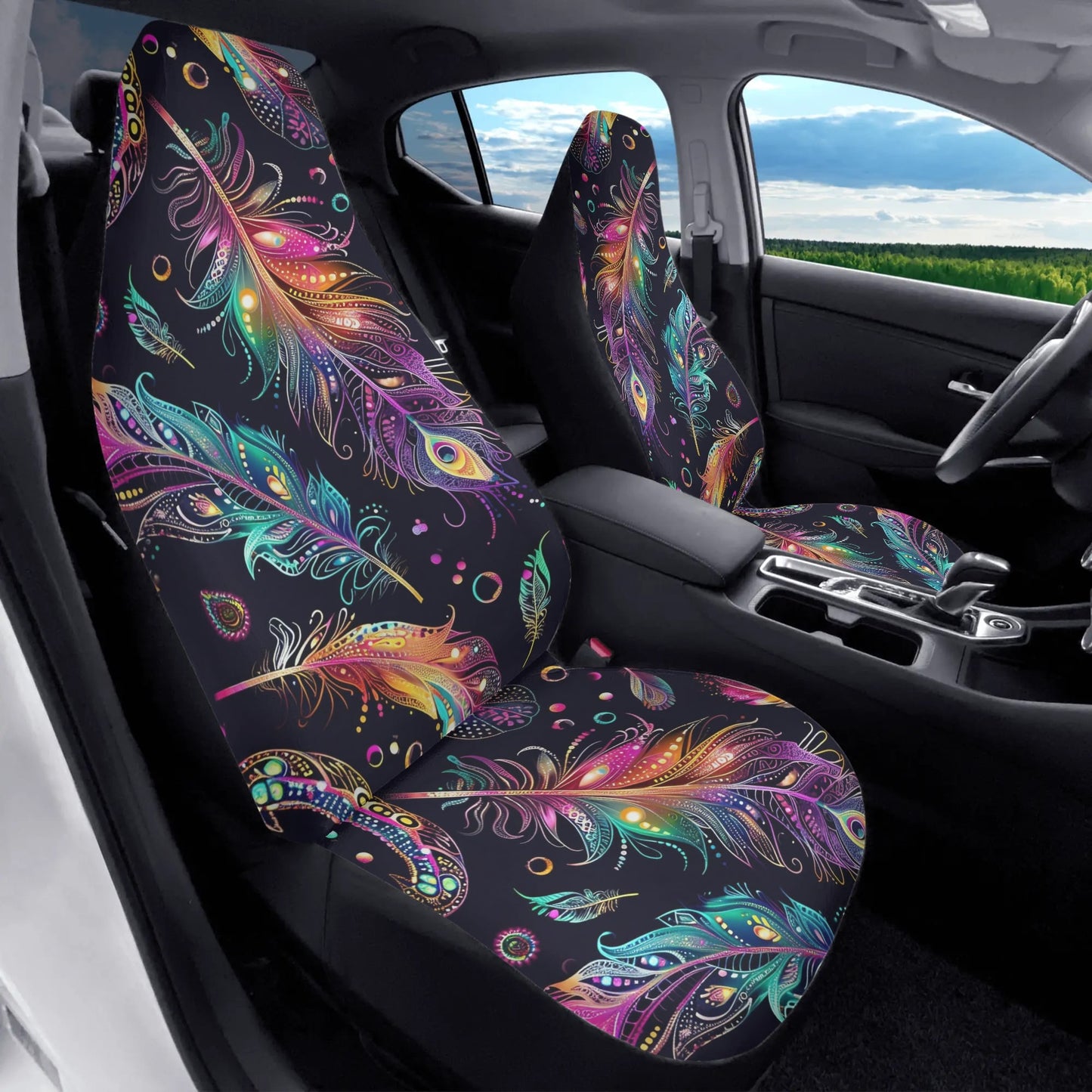 Mystical Bright Feathers Car Seat Cover - Front Seat Cover or Full Set Front and Back Seat Cover Universal Fit