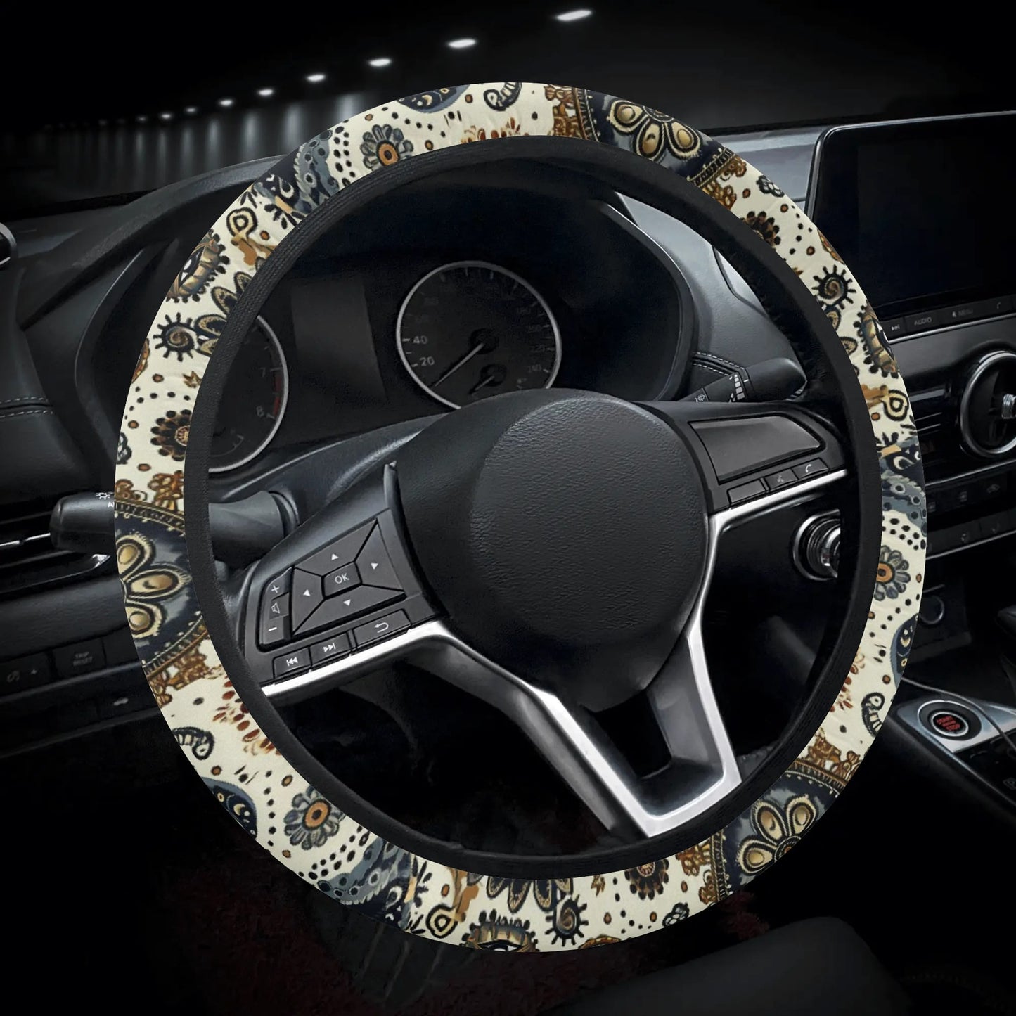 Paisley Circles White Car Steering Wheel Cover