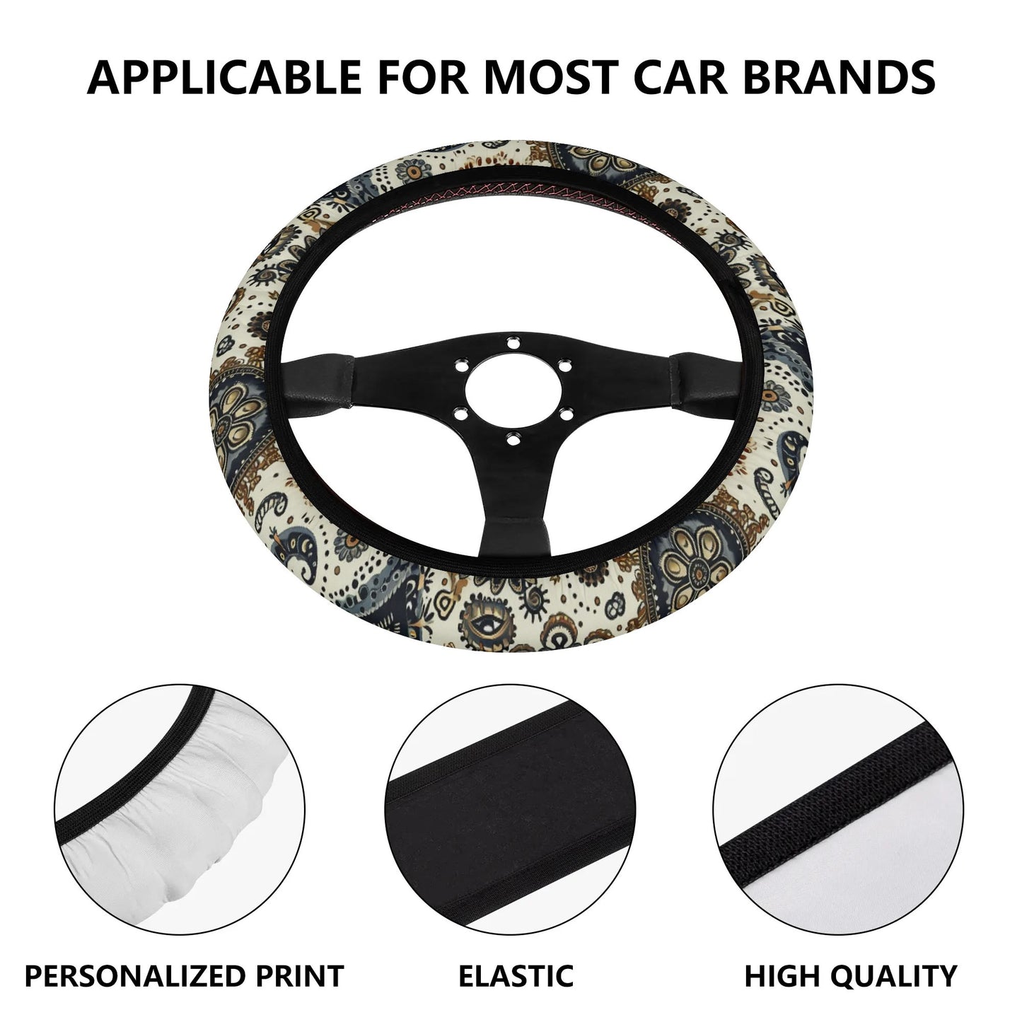 Paisley Circles White Car Steering Wheel Cover