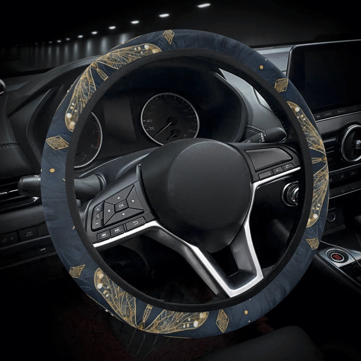 Blue Gold Dragonfly Car Steering Wheel Cover