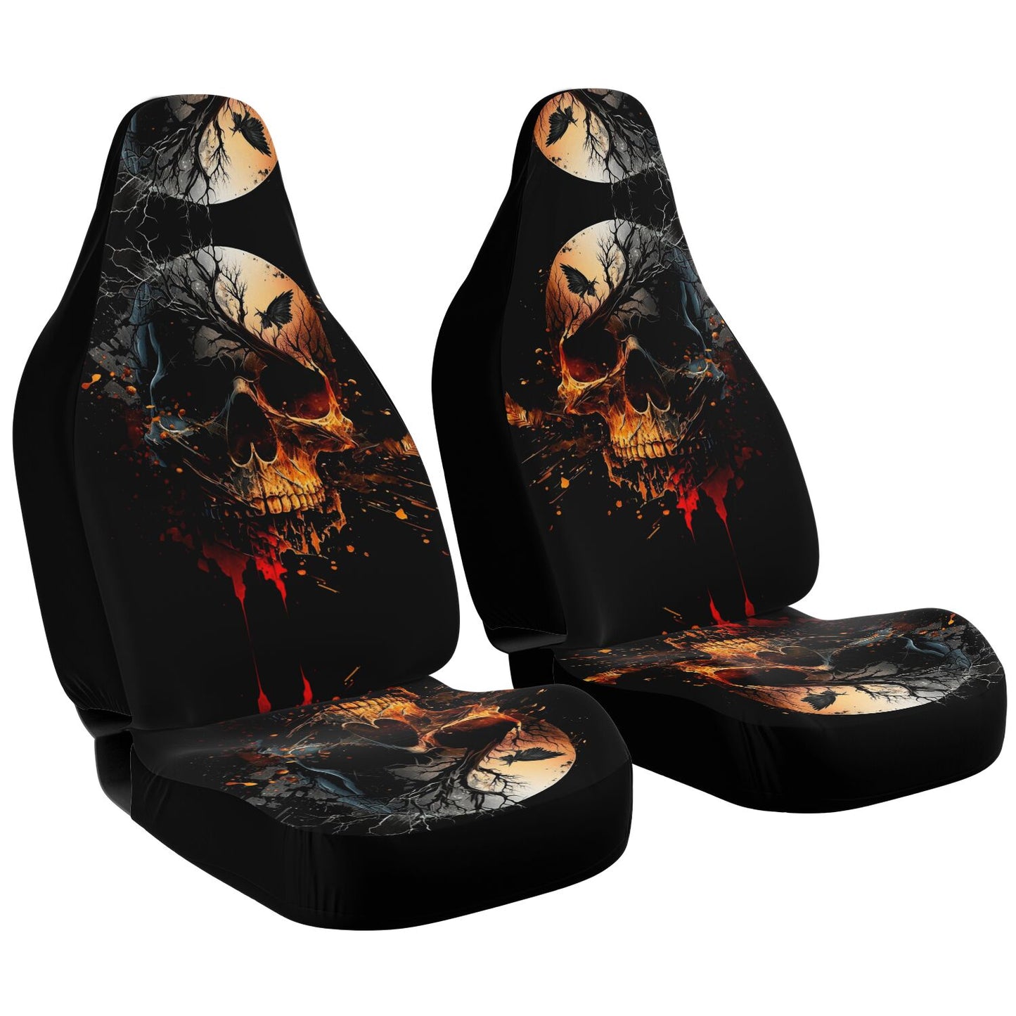 Skull Moon Car Seat Covers - Front Seat Cover or Full Set Front and Back Seat Cover Universal Fit