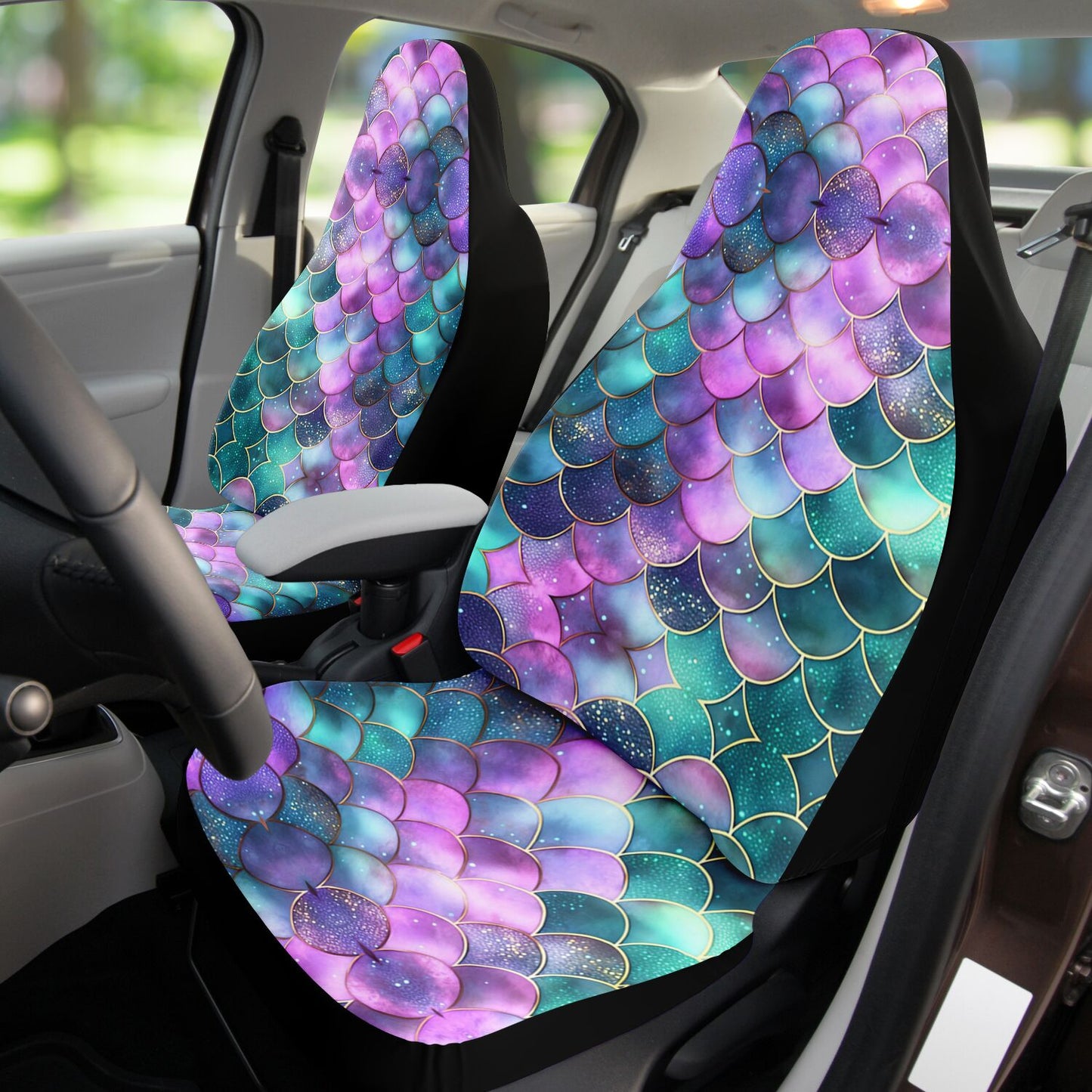 Mermaid Scales Purple Green Car Seat Covers - Front Seat Cover or Full Set Front and Back Seat Cover Universal Fit