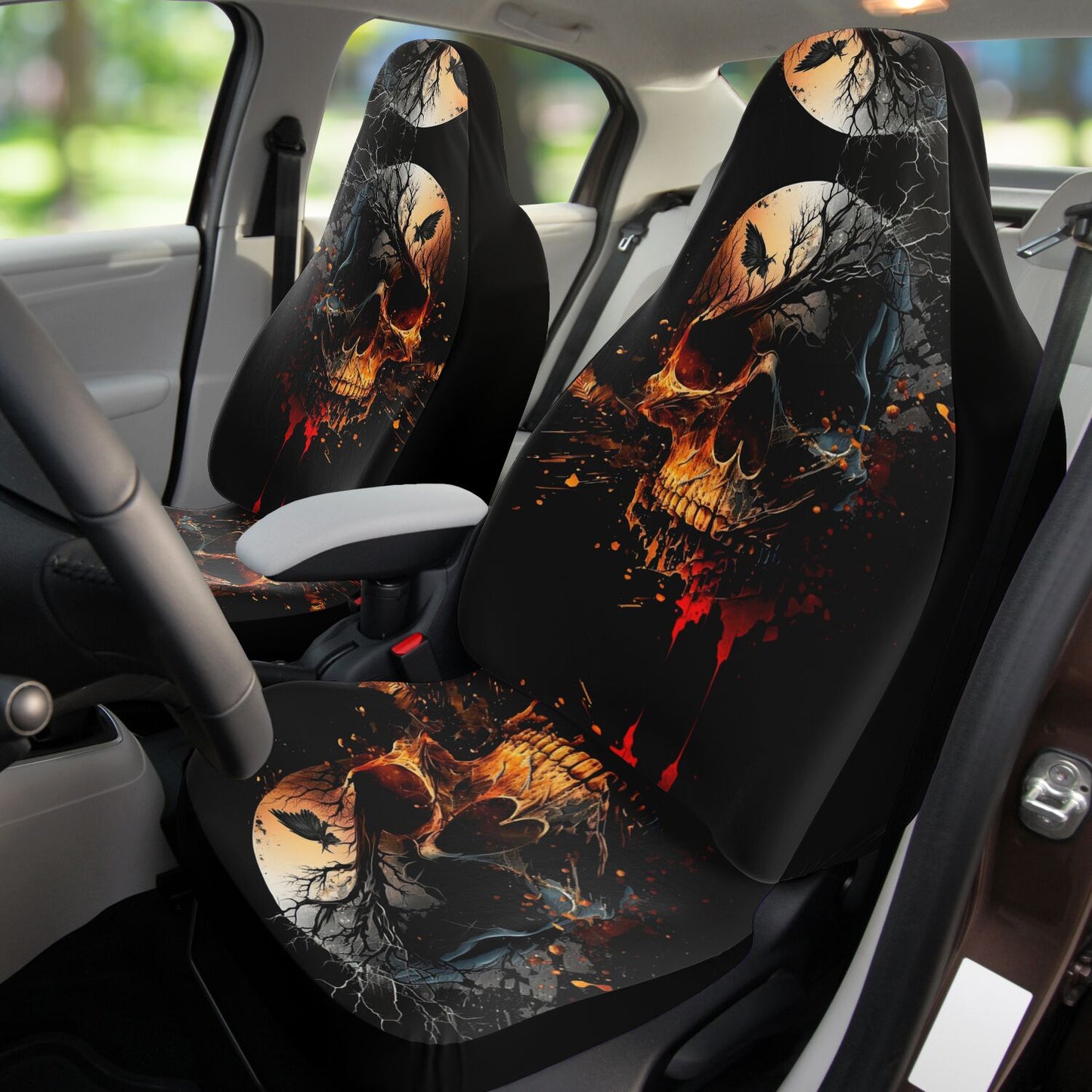 Skull Moon Car Seat Covers - Front Seat Cover or Full Set Front and Back Seat Cover Universal Fit