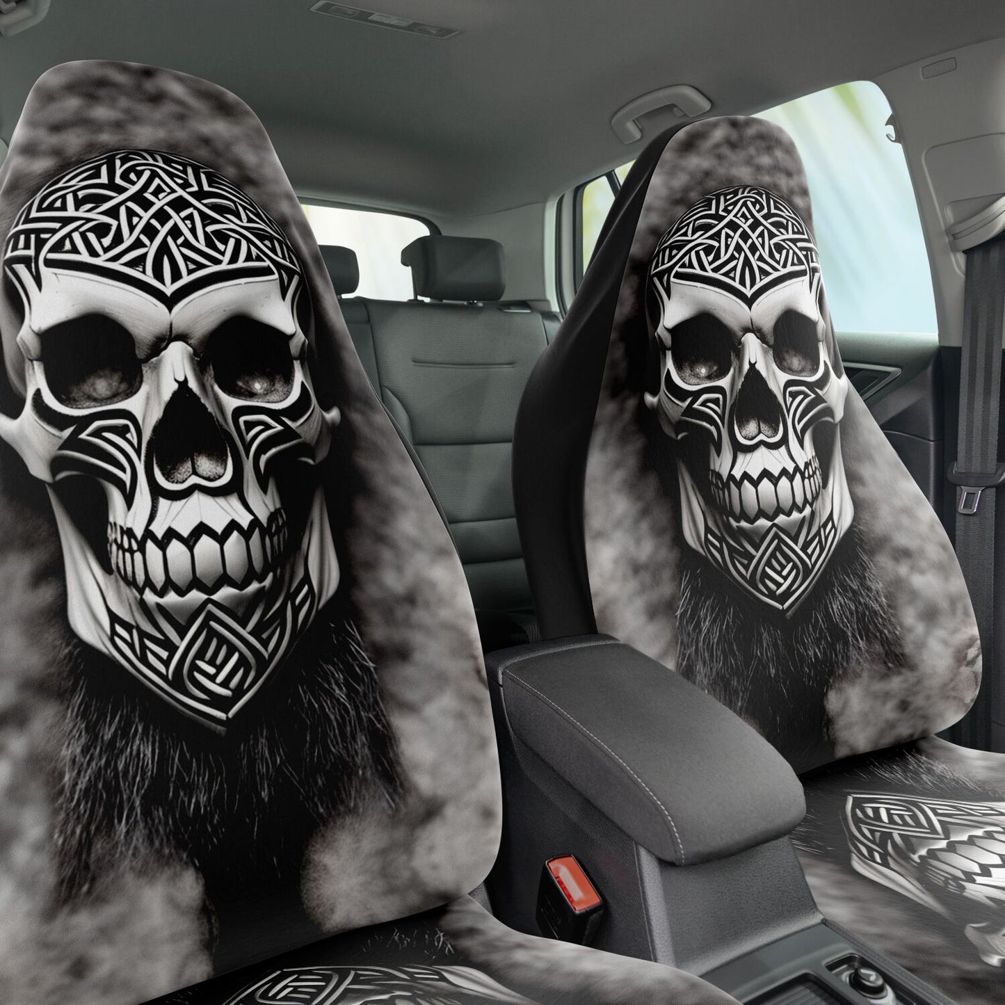 Viking Carved Skull Car Seat Cover - Front Seat Cover or Full Set Front and Back Seat Cover Universal Fit