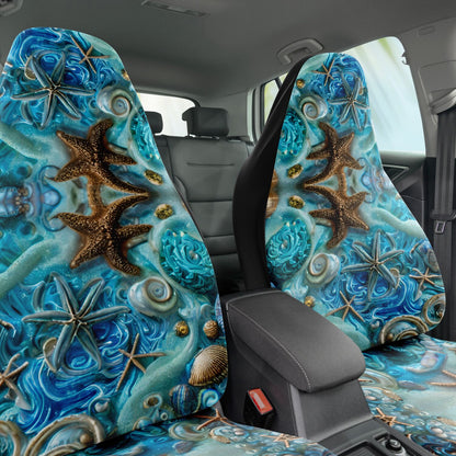 Blue Sea Shells Car Seat Cover - Front Seat Cover or Full Set Front and Back Seat Cover Universal Fit