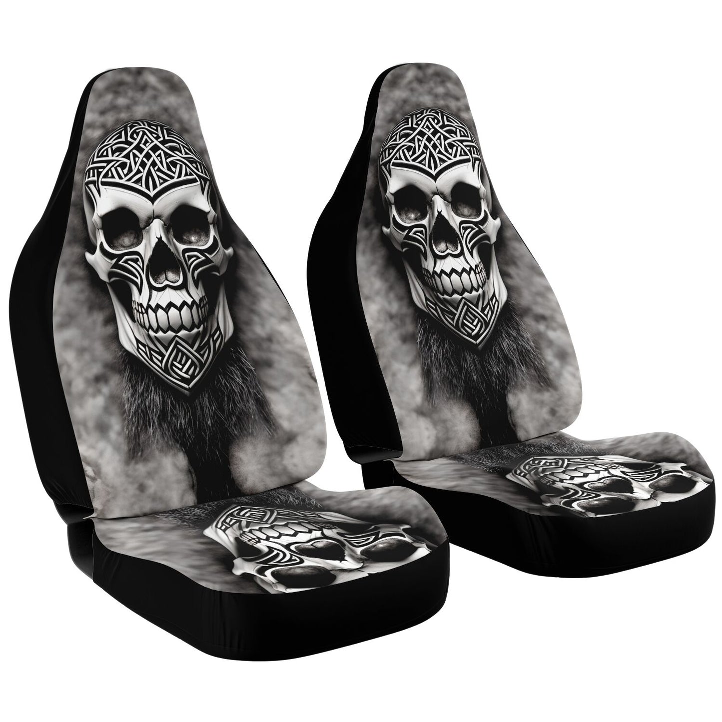 Viking Carved Skull Car Seat Cover - Front Seat Cover or Full Set Front and Back Seat Cover Universal Fit