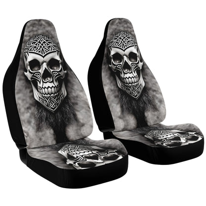 Viking Carved Skull Car Seat Cover - Front Seat Cover or Full Set Front and Back Seat Cover Universal Fit