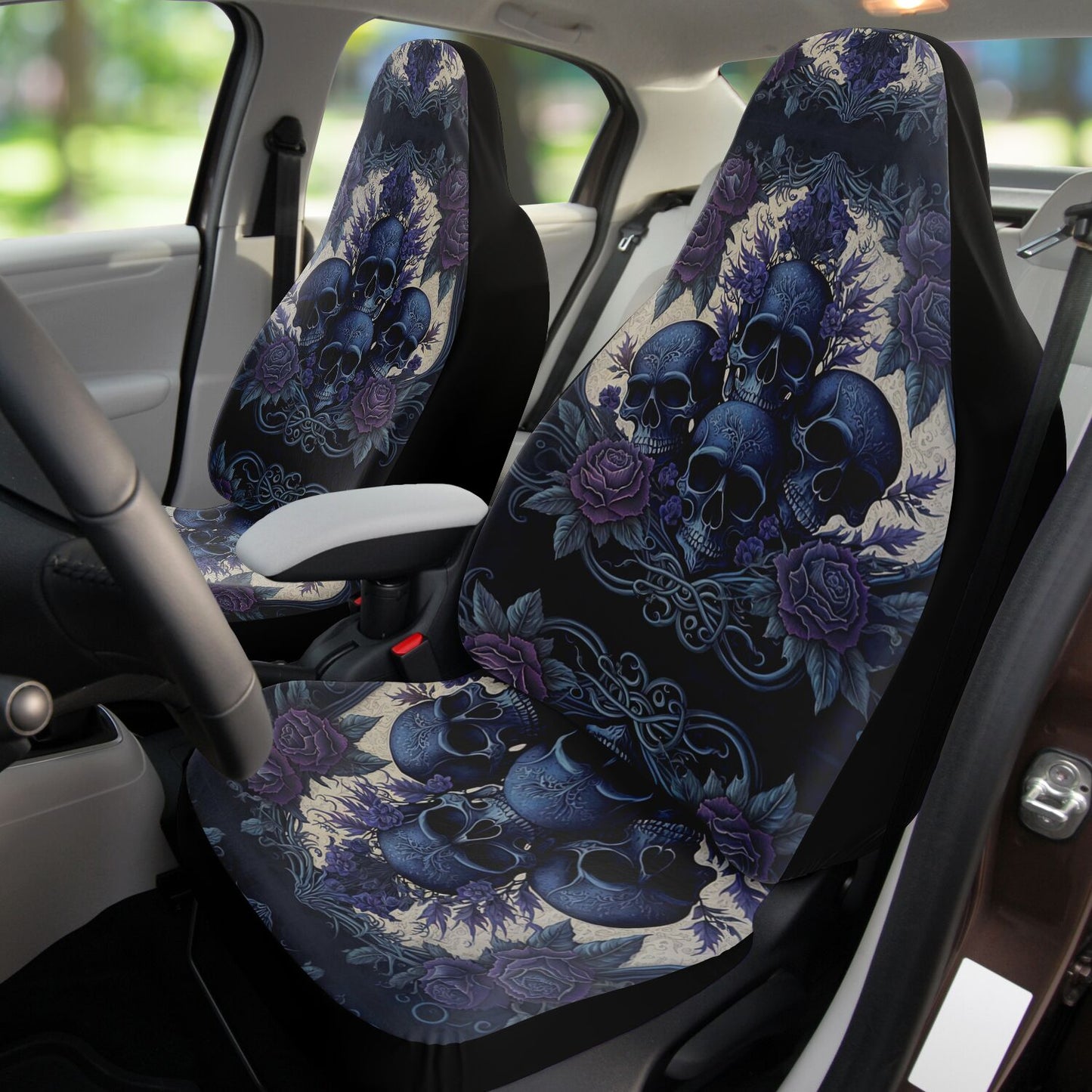 Blue Skulls Car Seat Cover - Front Seat Cover or Full Set Front and Back Seat Cover Universal Fit