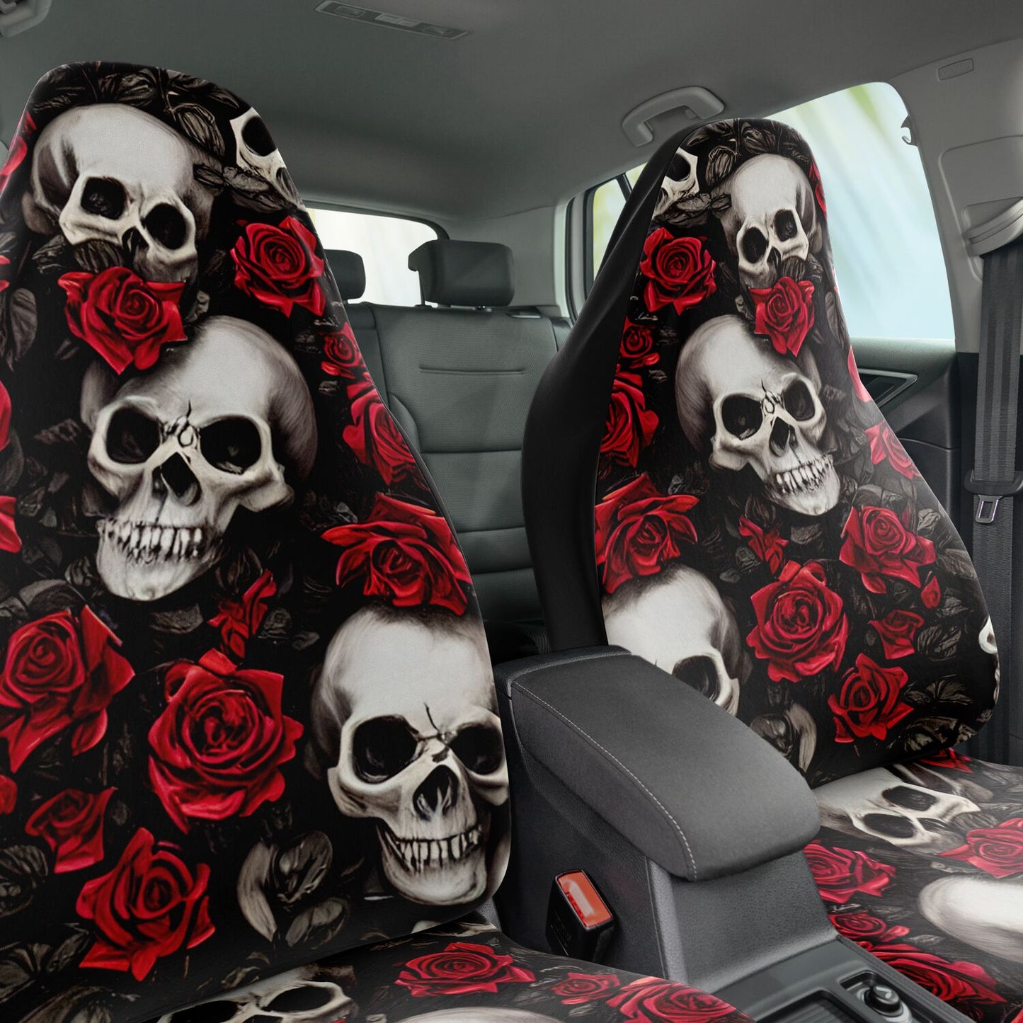 Skull & Red Roses Car Seat Covers - Front Seat Cover or Full Set Front and Back Seat Cover Universal Fit