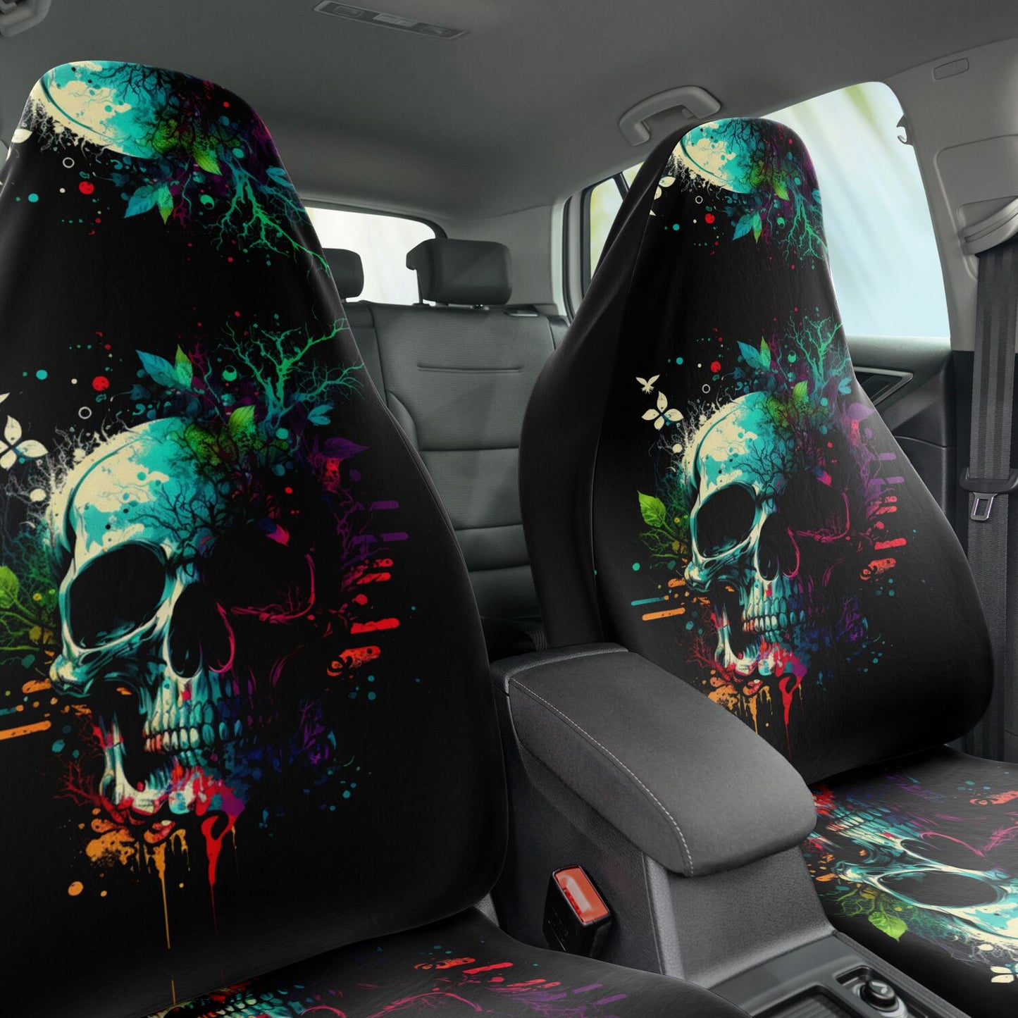 Paint Skull Blue Car Seat Covers - Front Seat Cover or Full Set Front and Back Seat Cover Universal Fit