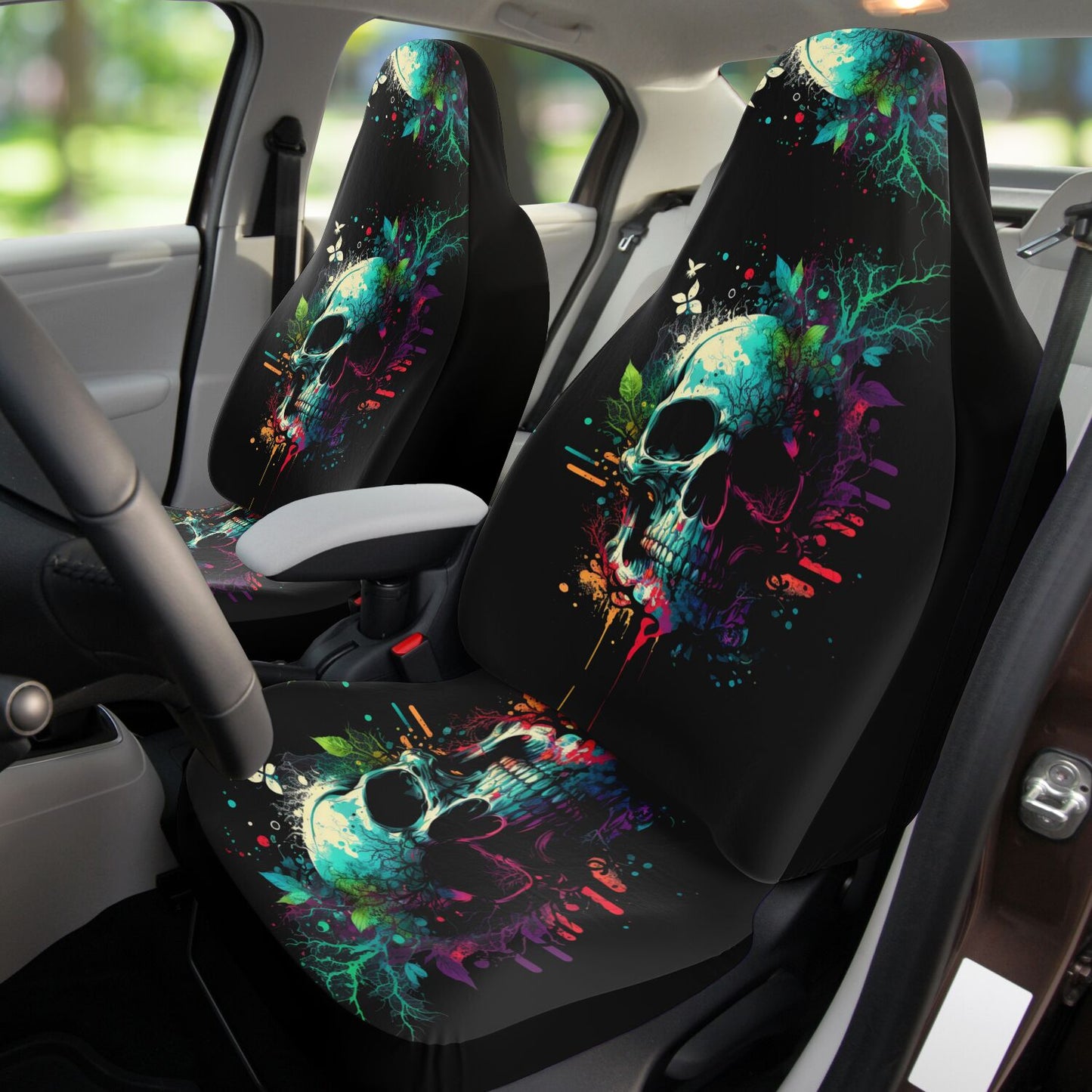 Paint Skull Blue Car Seat Covers - Front Seat Cover or Full Set Front and Back Seat Cover Universal Fit