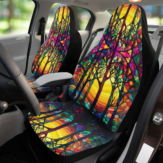 Yellow Tree Stained Glass Car Seat Covers - Front Seat Cover or Full Set Front and Back Seat Cover Universal Fit