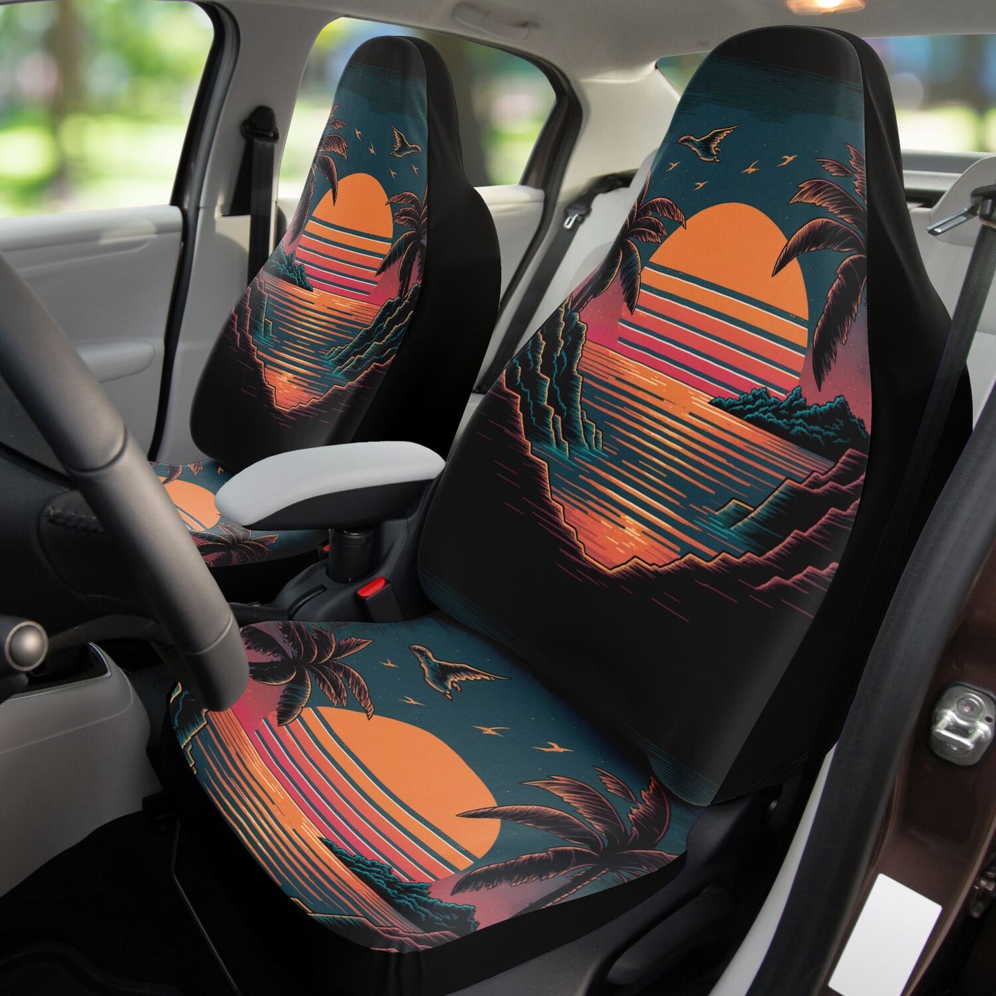 Retro Sunset Car Seat Covers - Front Seat Cover or Full Set Front and Back Seat Cover Universal Fit