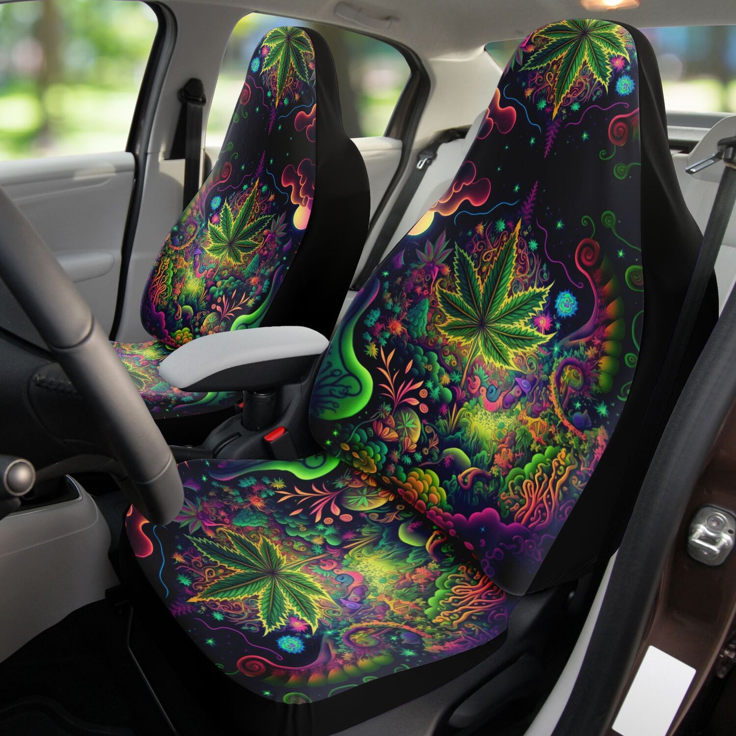 Psychedelic Green Leaf Car Seat Cover - Front Seat Cover or Full Set Front and Back Seat Cover Universal Fit